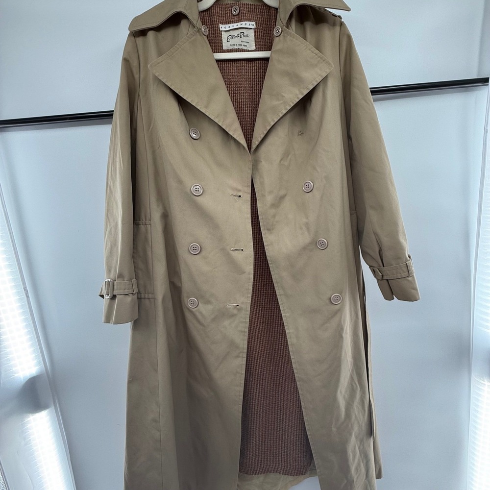 Vintage Schlampf's Elliott Bass Trench Coat Womens 8 Tan Belted Wool Lined - Picture 4 of 12